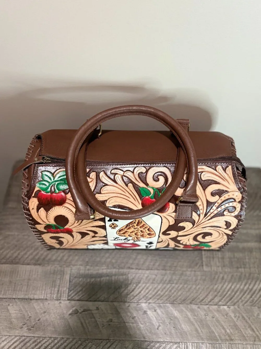 Hand Painted Tooled Leather Satchel Western Lucky You Barrel Bag Large Brown